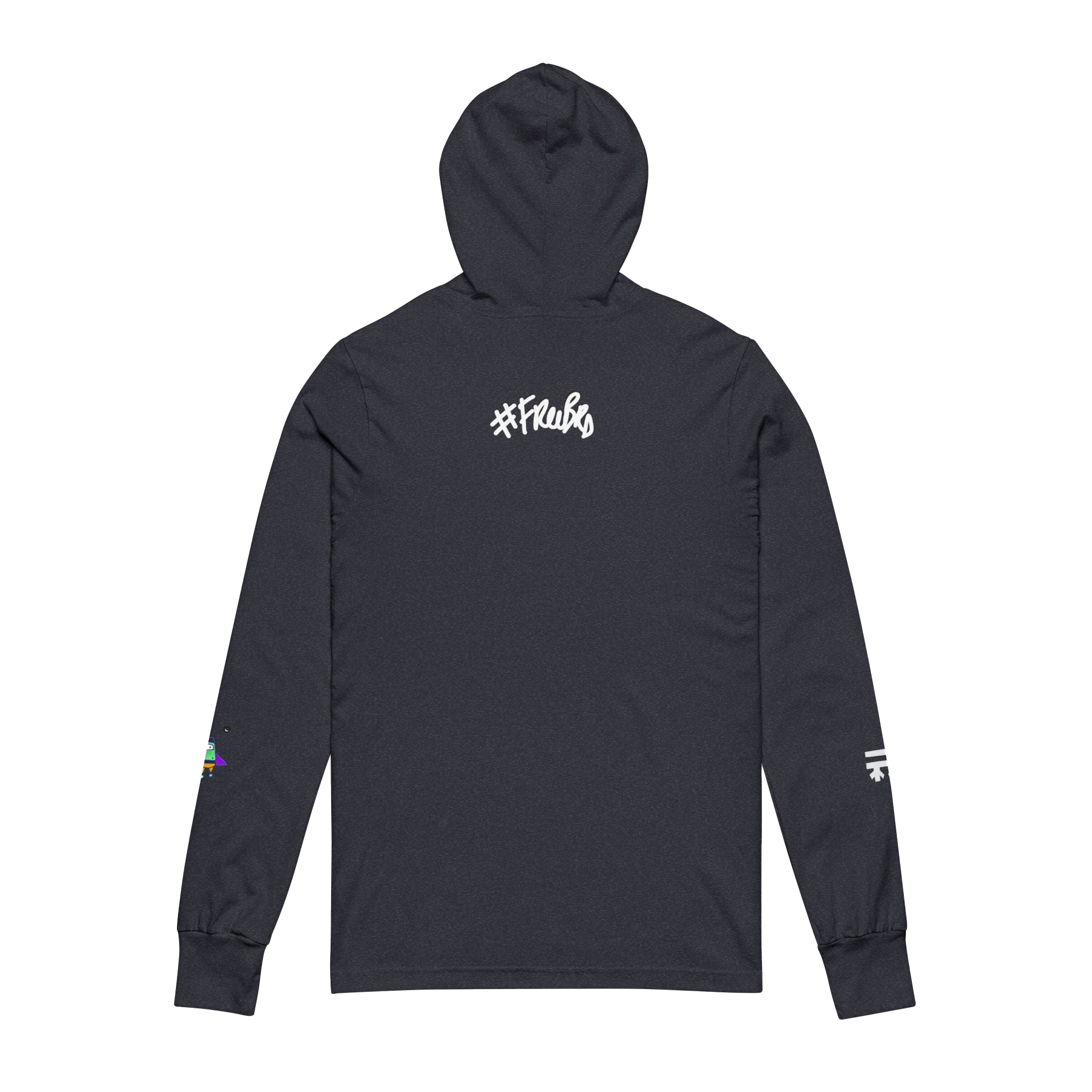Heather Navy Hooded Active Street wear with Freebrd "space flight" graphic on left sleeve, and white Freebrd logo on right sleeve along with "#freebrd" in white letters center back of apparel