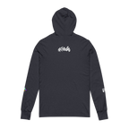 Heather Navy Hooded Active Street wear with Freebrd "space flight" graphic on left sleeve, and white Freebrd logo on right sleeve along with "#freebrd" in white letters center back of apparel