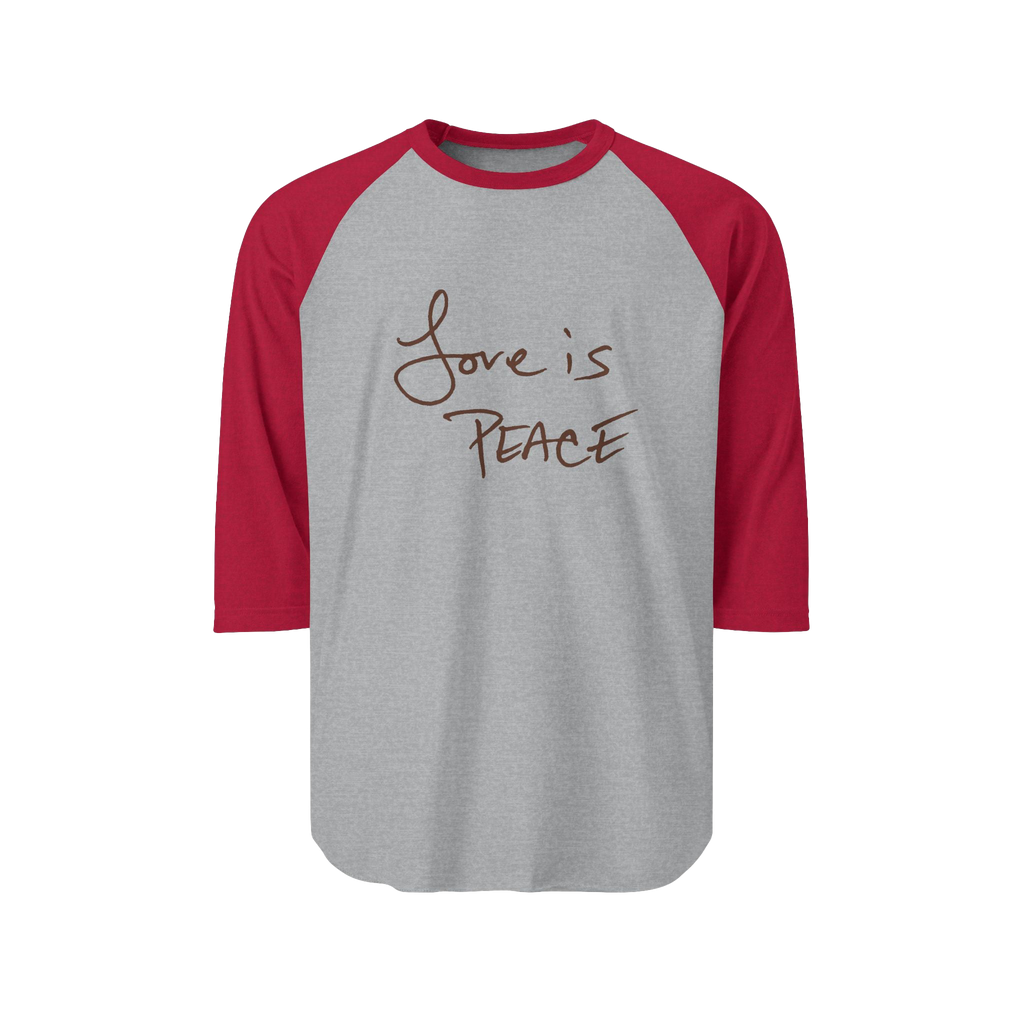 Heather Grey/Heather Red Unisex three-quarter Sleeve Baseball Raglan Tee with heather red Sleeves on a heather grey Shirt and "Love is Peace" in chocolate tex
