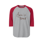 Heather Grey/Heather Red Unisex three-quarter Sleeve Baseball Raglan Tee with heather red Sleeves on a heather grey Shirt and "Love is Peace" in chocolate tex
