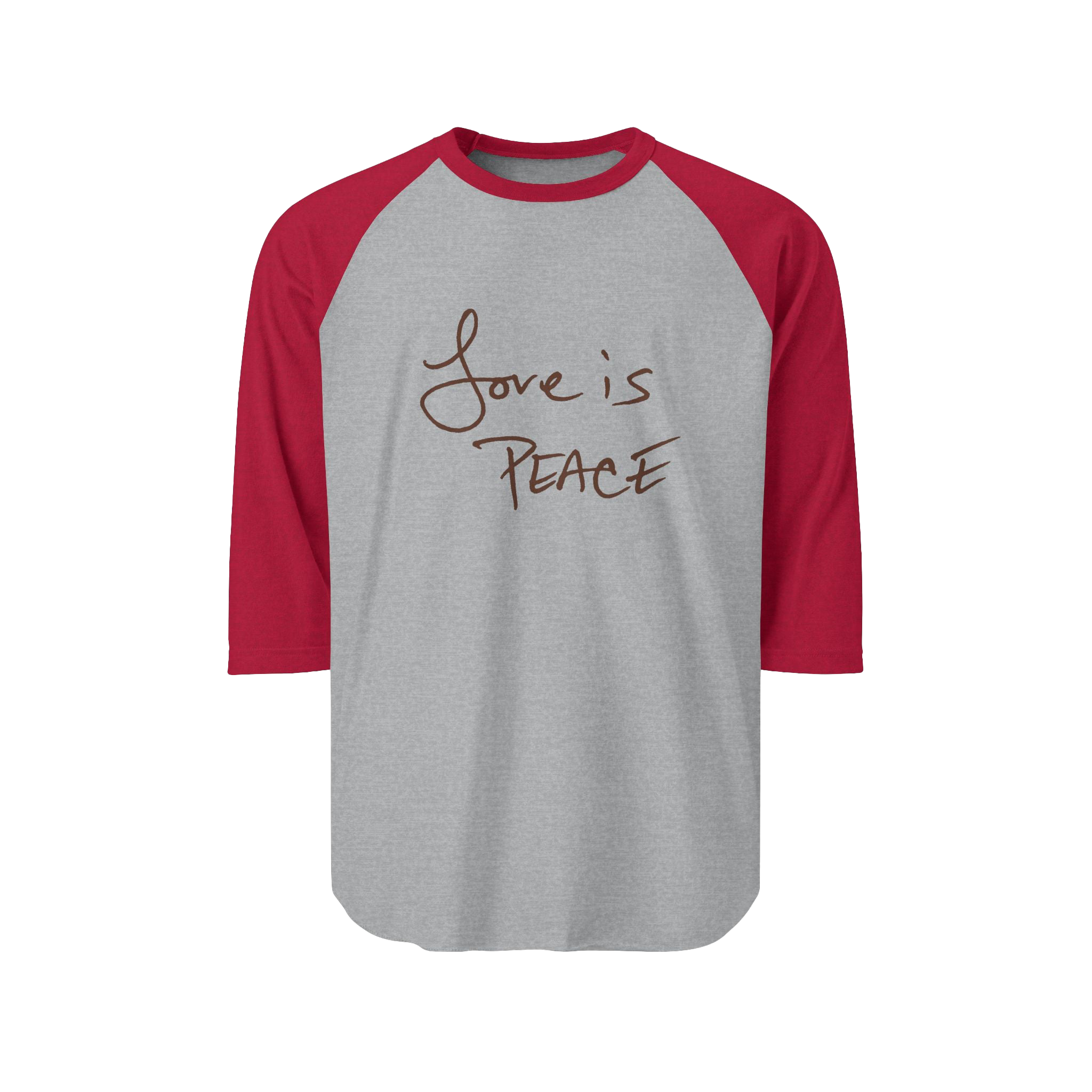 Heather Grey/Heather Red Unisex three-quarter Sleeve Baseball Raglan Tee with heather red Sleeves on a heather grey Shirt and "Love is Peace" in chocolate tex
