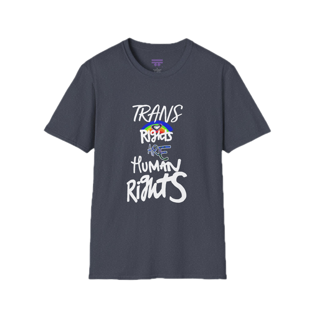 Heather Navy Trans Rights Are Human Rights T-Shirt with purple Freebrd logo on inside tag