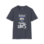 Heather Navy Trans Rights Are Human Rights T-Shirt with purple Freebrd logo on inside tag