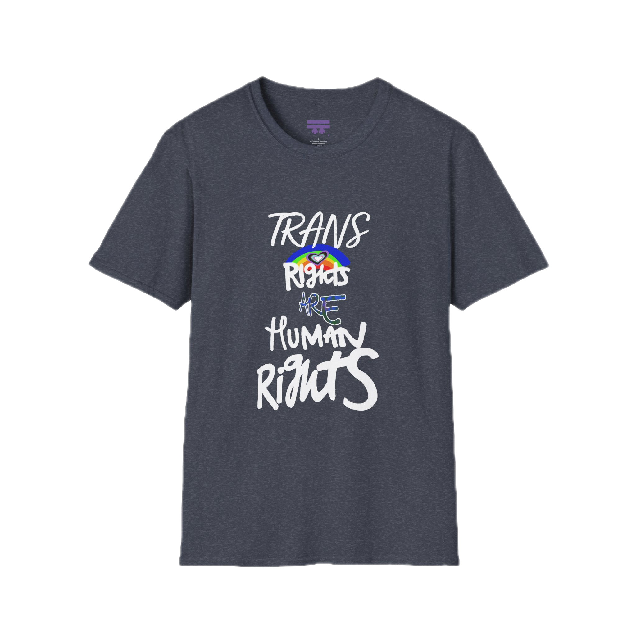 Heather Navy Trans Rights Are Human Rights T-Shirt with purple Freebrd logo on inside tag