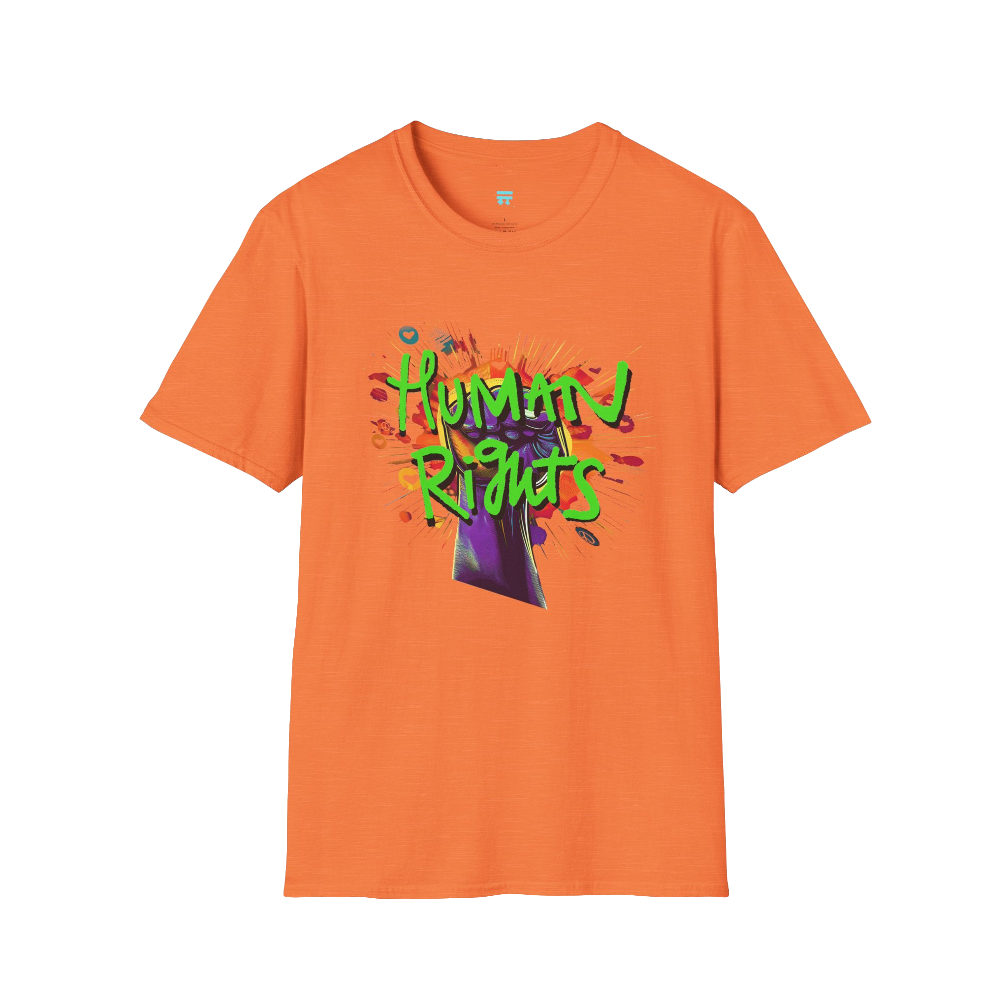 Heather Orange t-shirt with colorful 'Human Rights' graphic 

