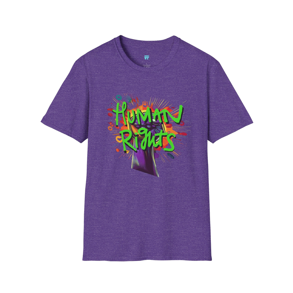 Heather Purple t-shirt with colorful 'Human Rights' graphic 
