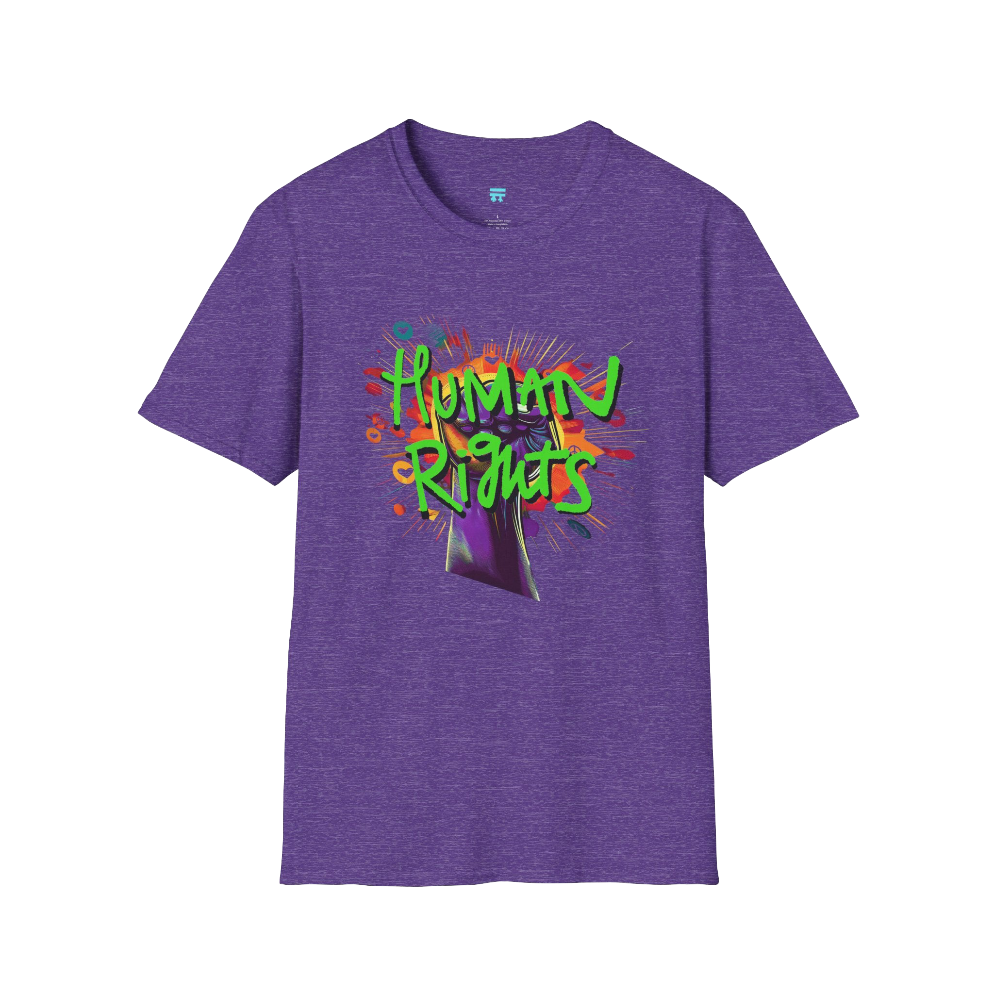 Heather Purple t-shirt with colorful 'Human Rights' graphic 
