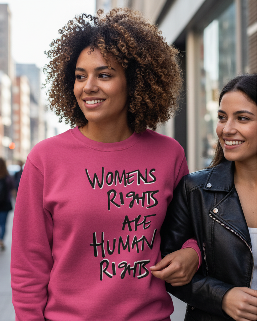 Woman wearing a Freebrd designed pink sweatshirt with 'Women's Rights Are Human Rights' text, standing outdoors.