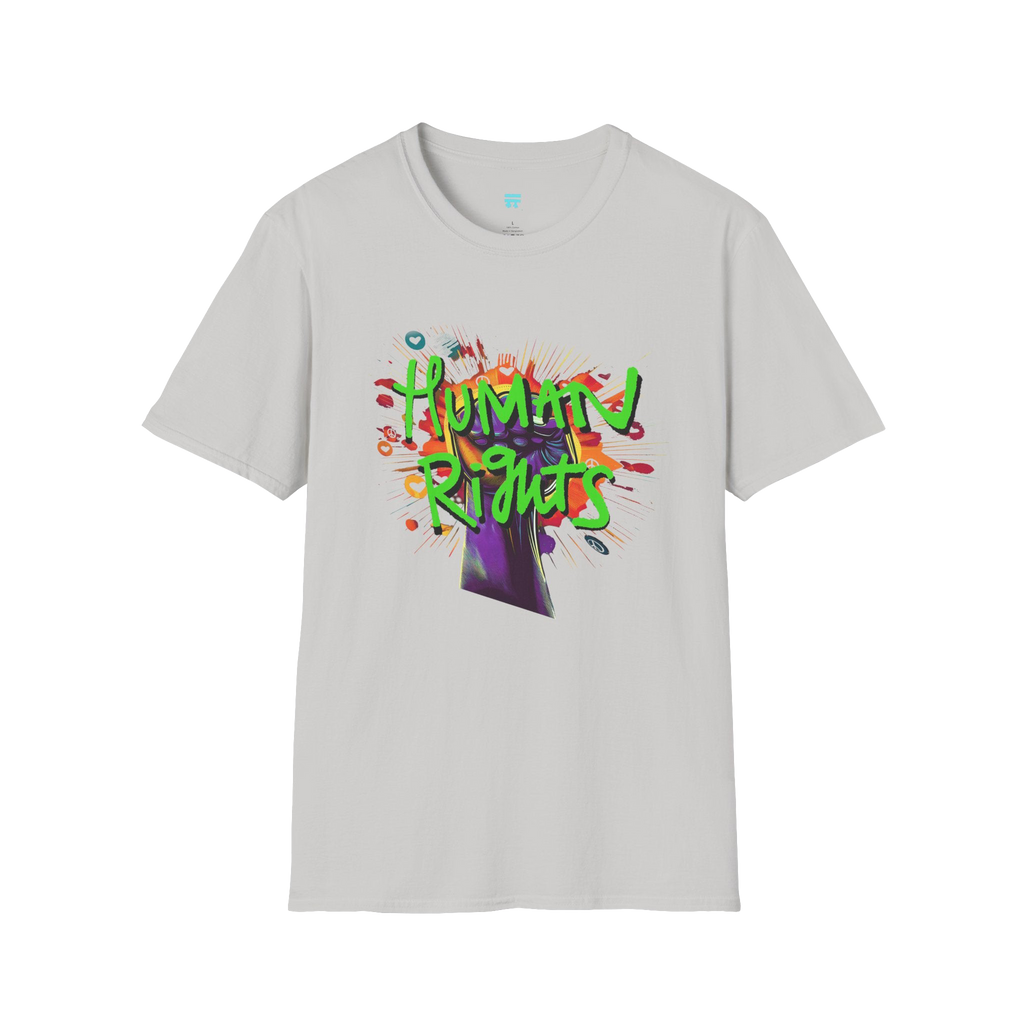 Ice Grey t-shirt with colorful 'Human Rights' graphic 

