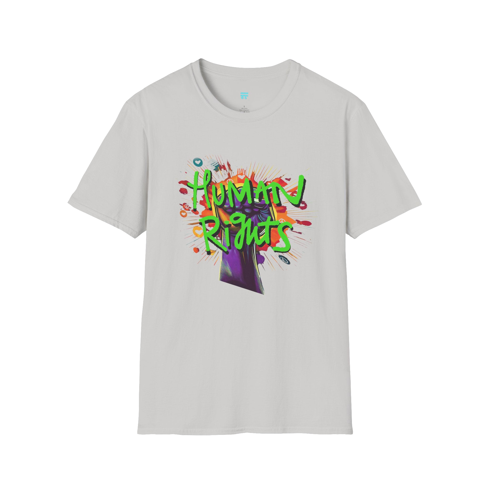 Ice Grey t-shirt with colorful 'Human Rights' graphic 

