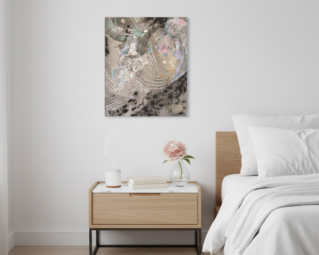 “Ink Cloud” Abstract Canvas Wall Art hanging on a wall in a modern bedroom above a nightstand. 