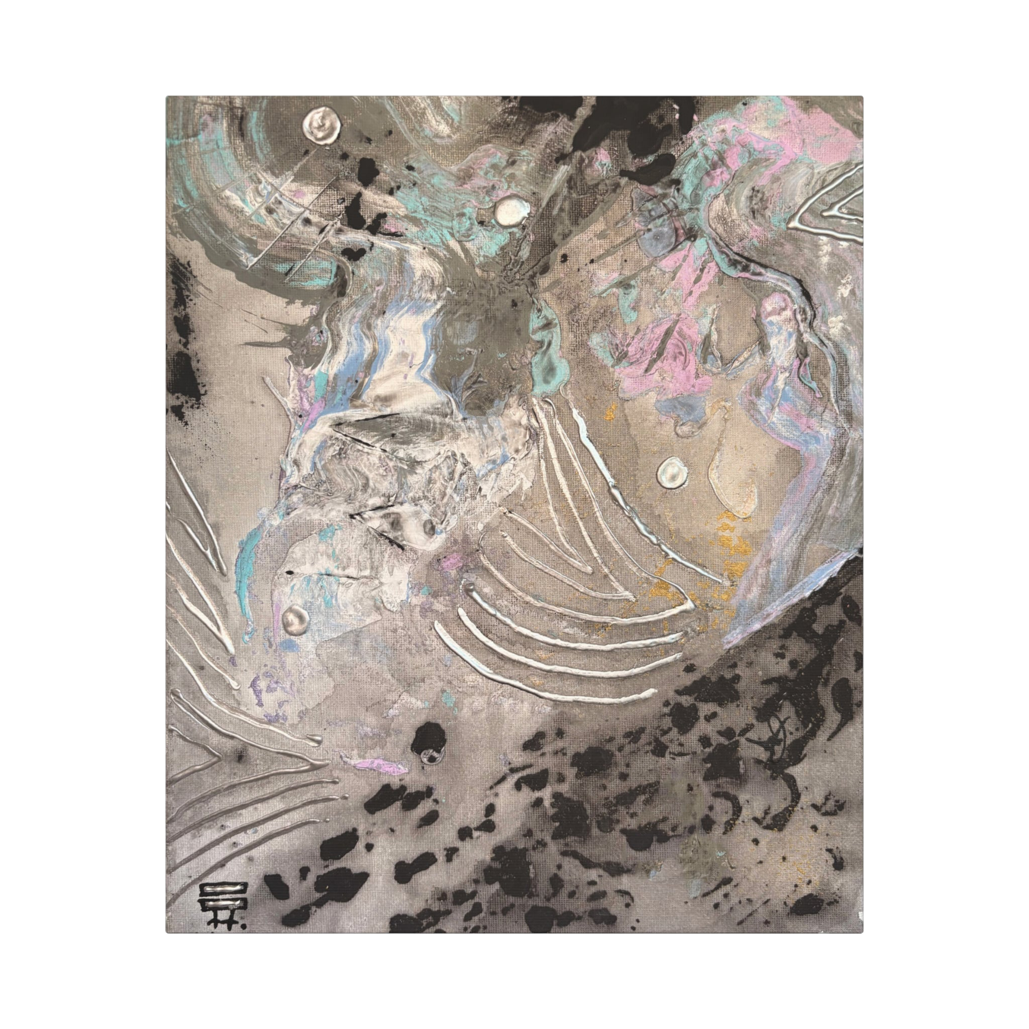 The Front view of the “Ink Cloud” Abstract Canvas Wall Art by FREEBRD stretched over a Sustainably sourced, FSC-certified 1.25” radiata pine frame, showcasing teal, grey, black, gold ochre and silver. 