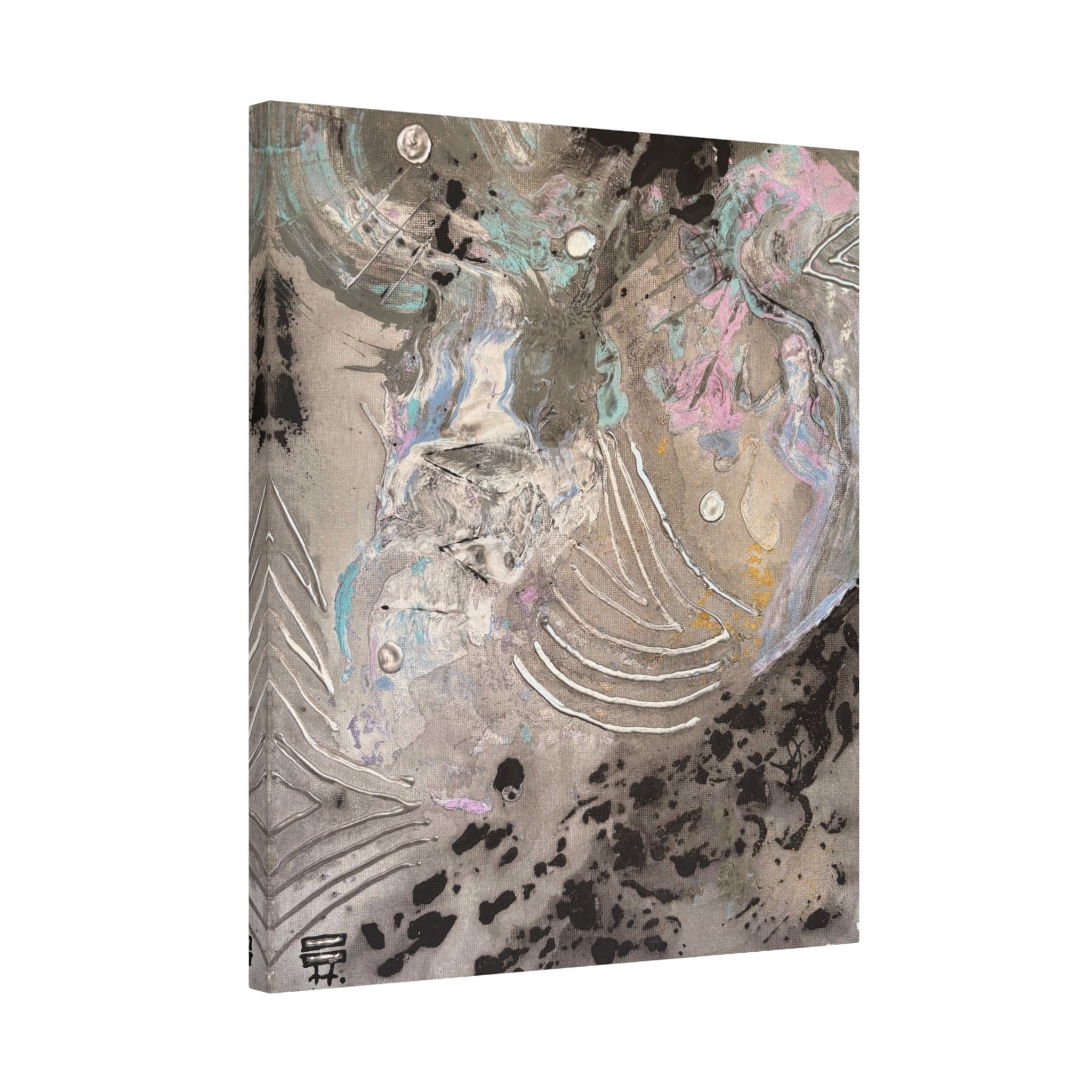 The side view of the “Ink Cloud” Abstract Canvas Wall Art by FREEBRD stretched over a Sustainably sourced, FSC-certified 1.25” radiata pine frame, showcasing teal, grey, black, gold ochre and silver. 