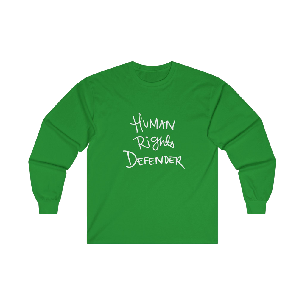 Irish Green long-sleeve shirt with 'Human Rights Defender' in white text 

