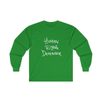 Irish Green long-sleeve shirt with 'Human Rights Defender' in white text 

