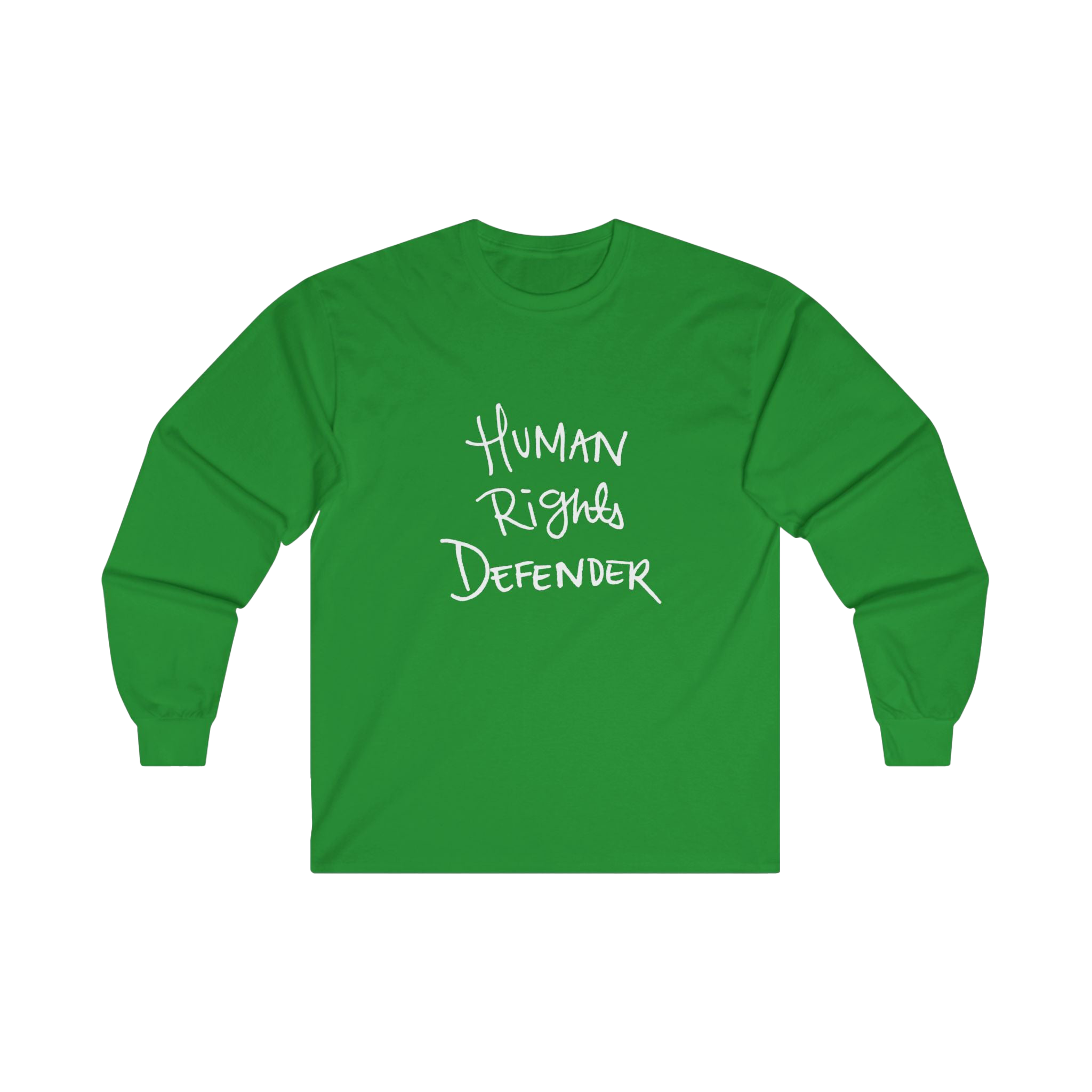 Irish Green long-sleeve shirt with 'Human Rights Defender' in white text 

