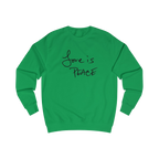 Kelly green sweatshirt with black 'Love is Peace' text