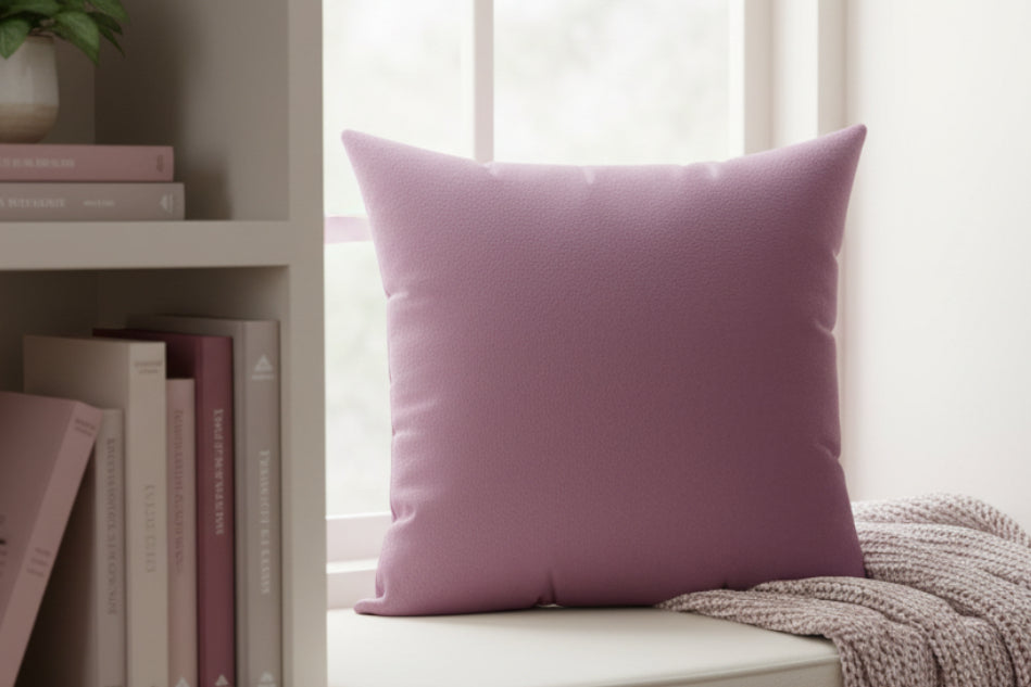 Lavender Red Faux Suede Square Pillow on a bench with books and a plant in the background