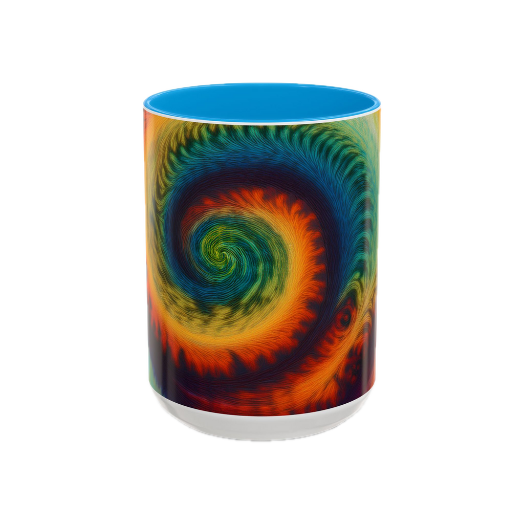Colorful spiral-patterned mug with Light blue ceramic handle and insides

