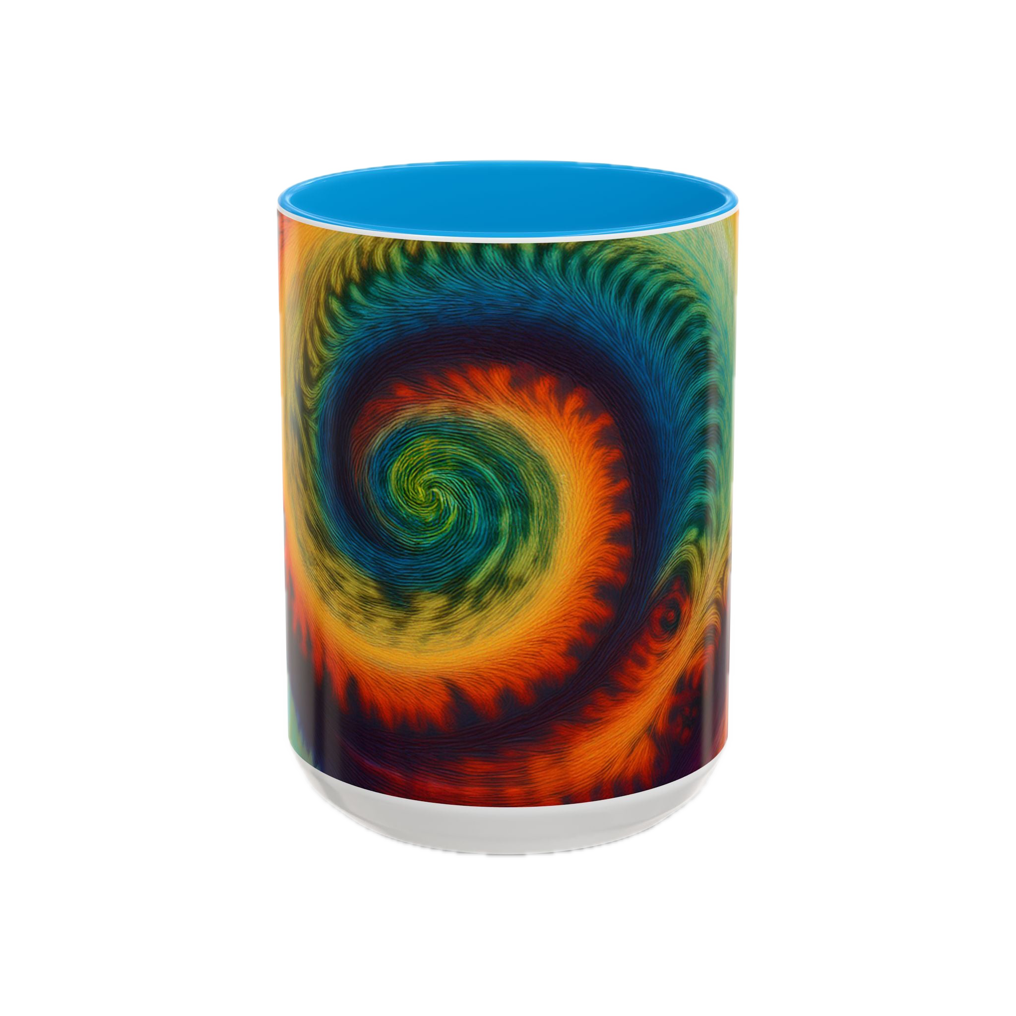 Colorful spiral-patterned mug with Light blue ceramic handle and insides

