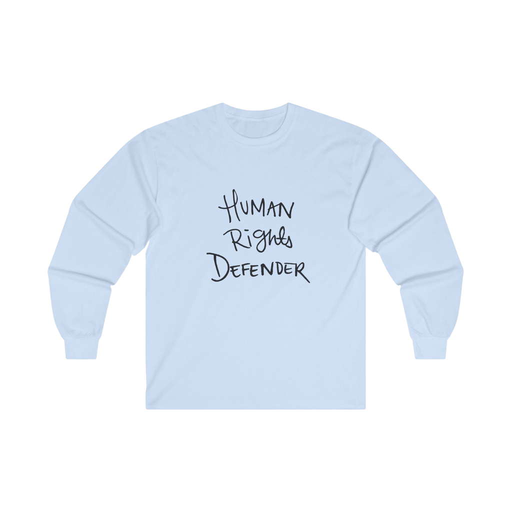Light Blue long-sleeve shirt with 'Human Rights Defender' in black text 

