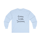 Light Blue long-sleeve shirt with 'Human Rights Defender' in black text 

