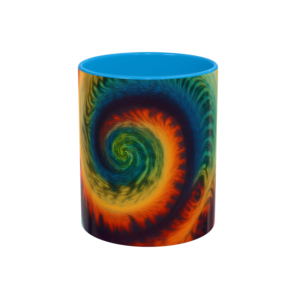 Colorful spiral-patterned mug with light blue ceramic handle and insides

