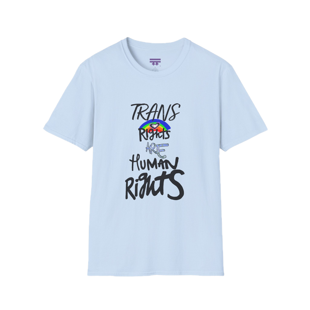 Light Blue Trans Rights Are Human Rights T-Shirt with purple Freebrd logo on inside tag