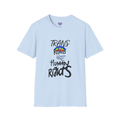 Light Blue Trans Rights Are Human Rights T-Shirt with purple Freebrd logo on inside tag