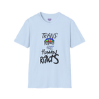Light Blue Trans Rights Are Human Rights T-Shirt with purple Freebrd logo on inside tag