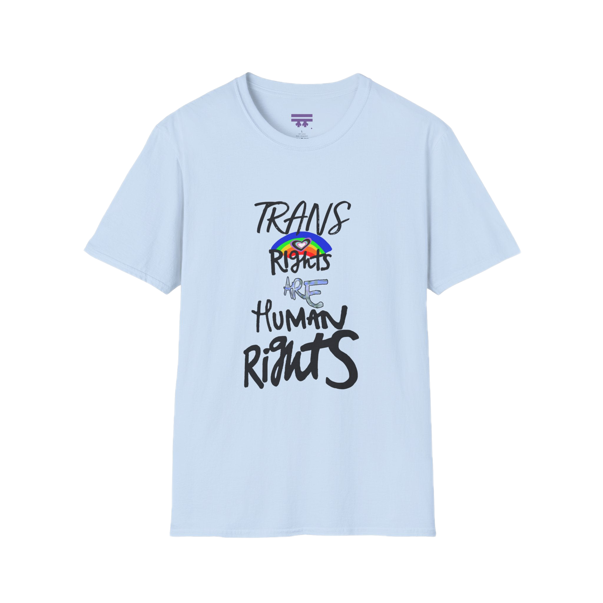 Light Blue Trans Rights Are Human Rights T-Shirt with purple Freebrd logo on inside tag
