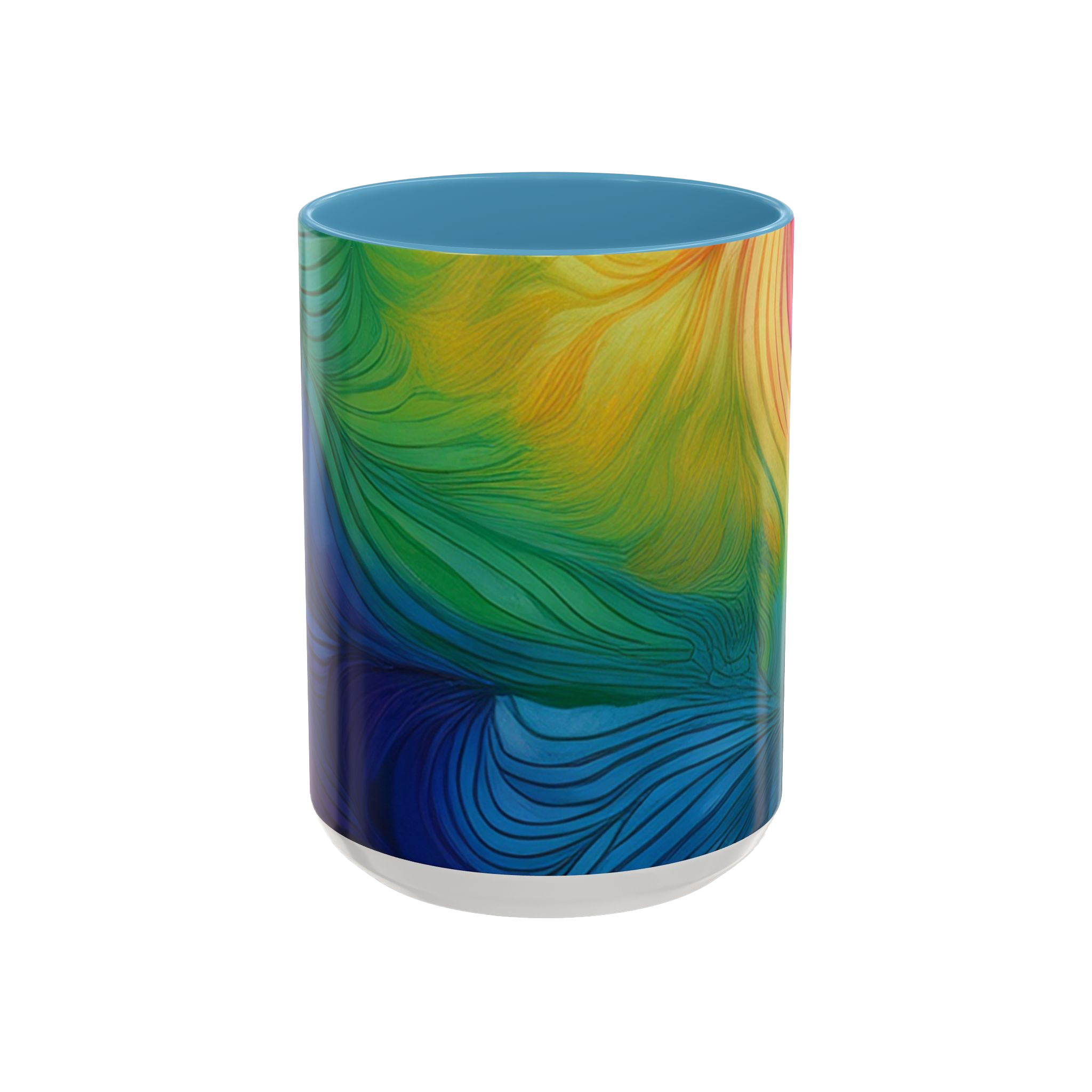 Colorful coffee cup with light blue ceramic interior



