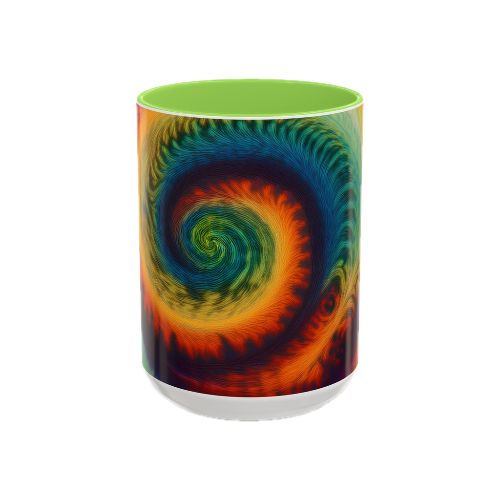 Colorful spiral-patterned mug with light green ceramic handle and insides
