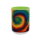 Colorful spiral-patterned mug with light green ceramic handle and insides
