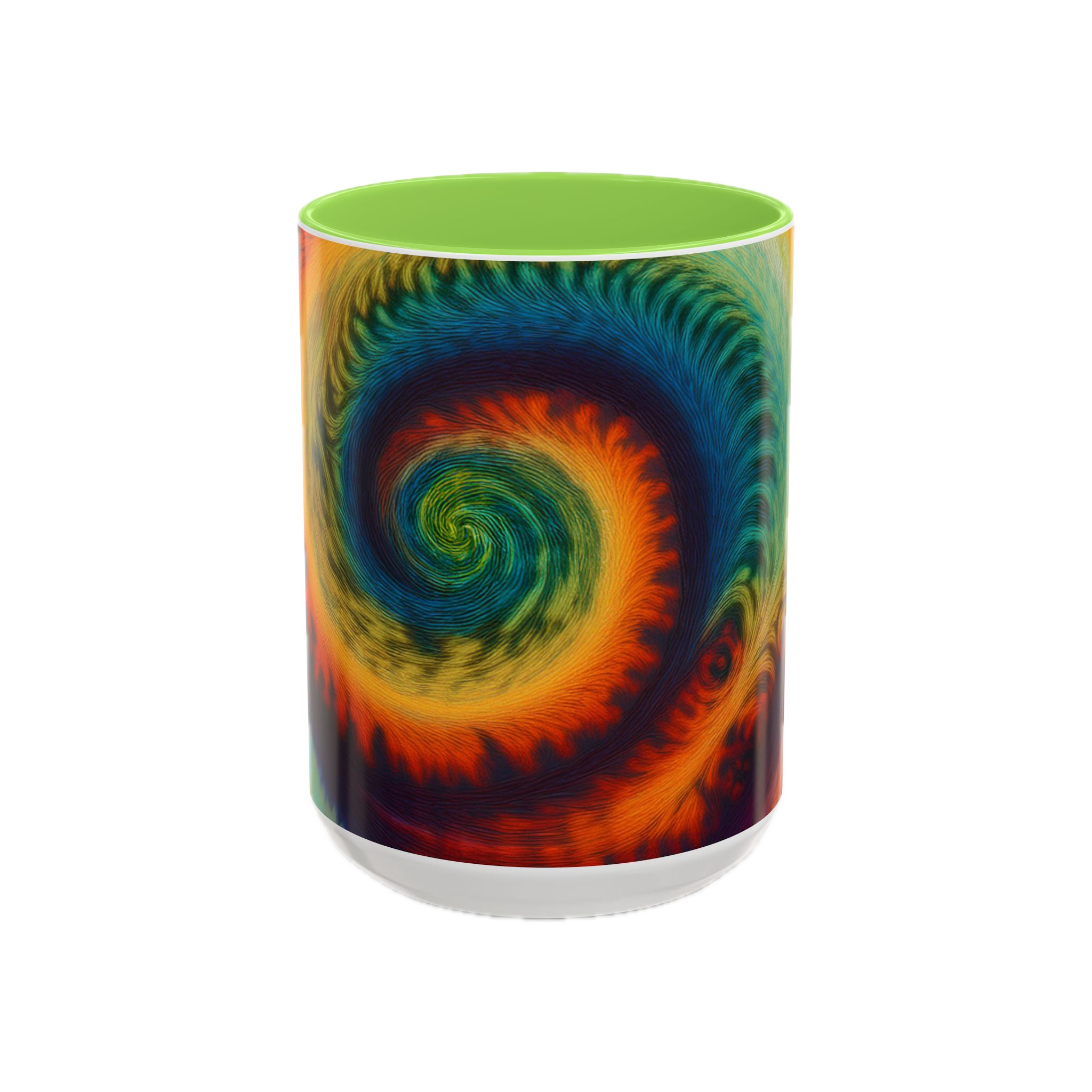 Colorful spiral-patterned mug with light green ceramic handle and insides
