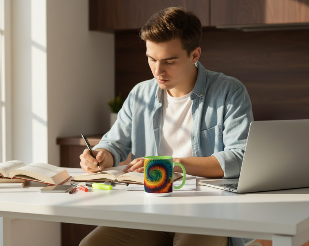 Person sitting at a desk with a laptop and books, and a 15 oz psychedelic mug.