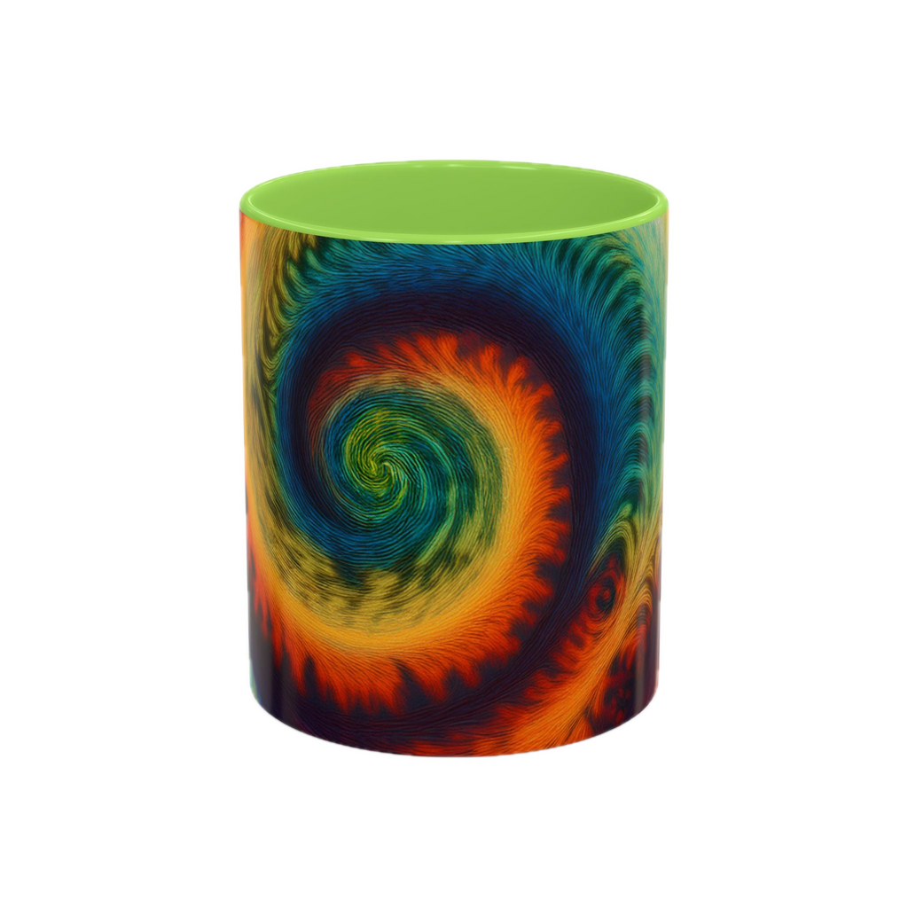 Colorful spiral-patterned mug with Light green ceramic handle and insides
