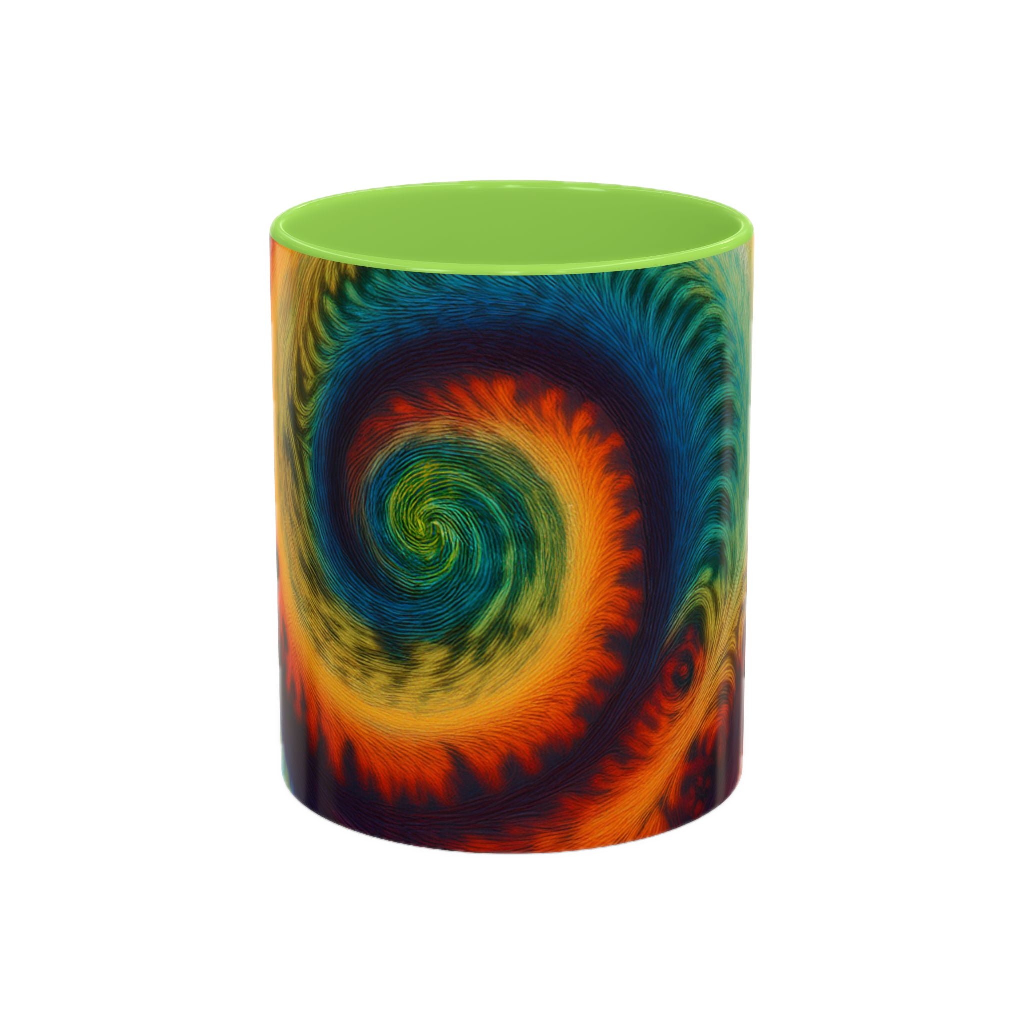 Colorful spiral-patterned mug with Light green ceramic handle and insides
