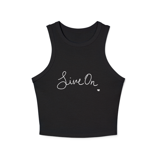 Black tank top with 'Live On' text on the chest