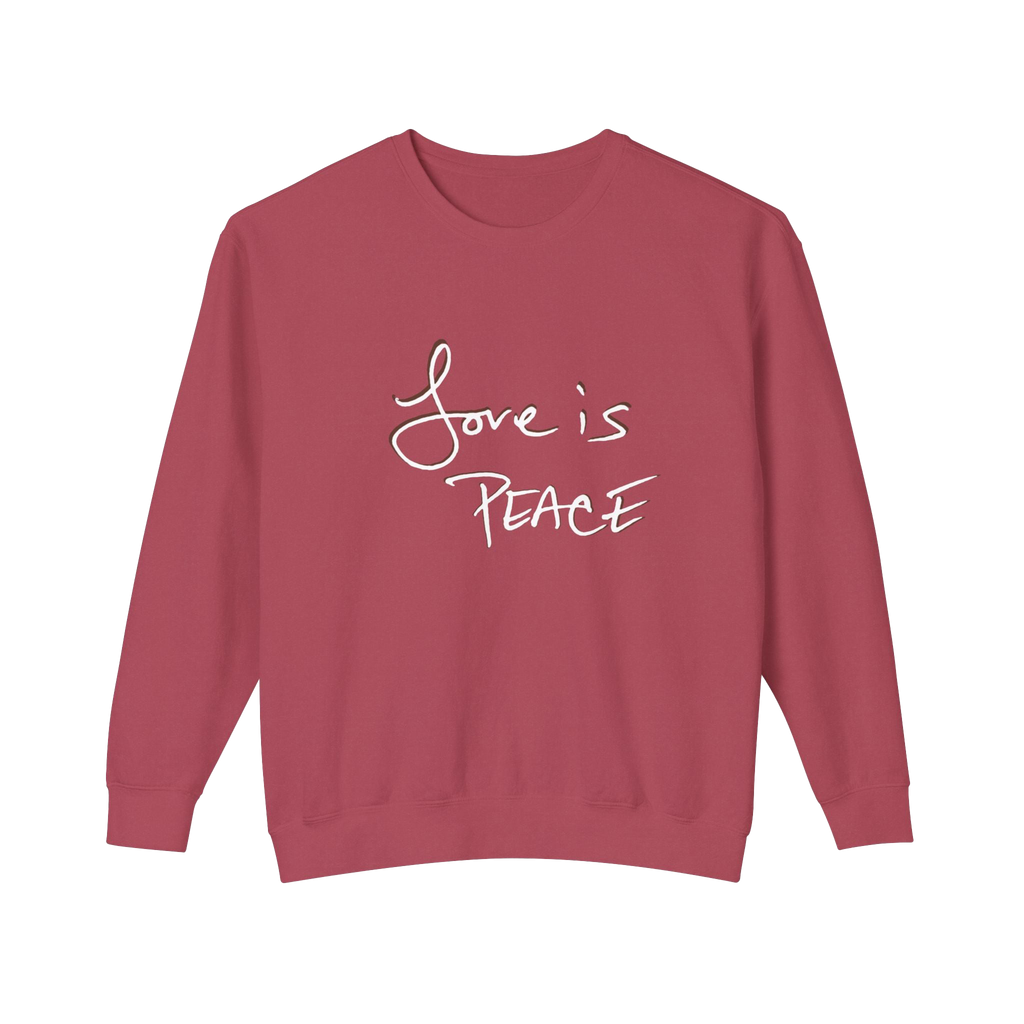 Crimson sweatshirt with 'Love is Peace'  in white floating chocolate shadow text  