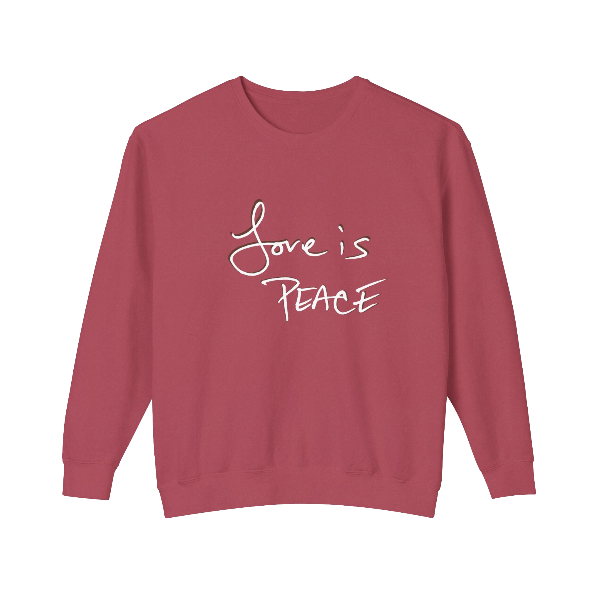 Crimson sweatshirt with 'Love is Peace'  in white floating chocolate shadow text  