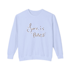 Hydrangea sweatshirt with 'Love is Peace' white chocolate shadow floating text 