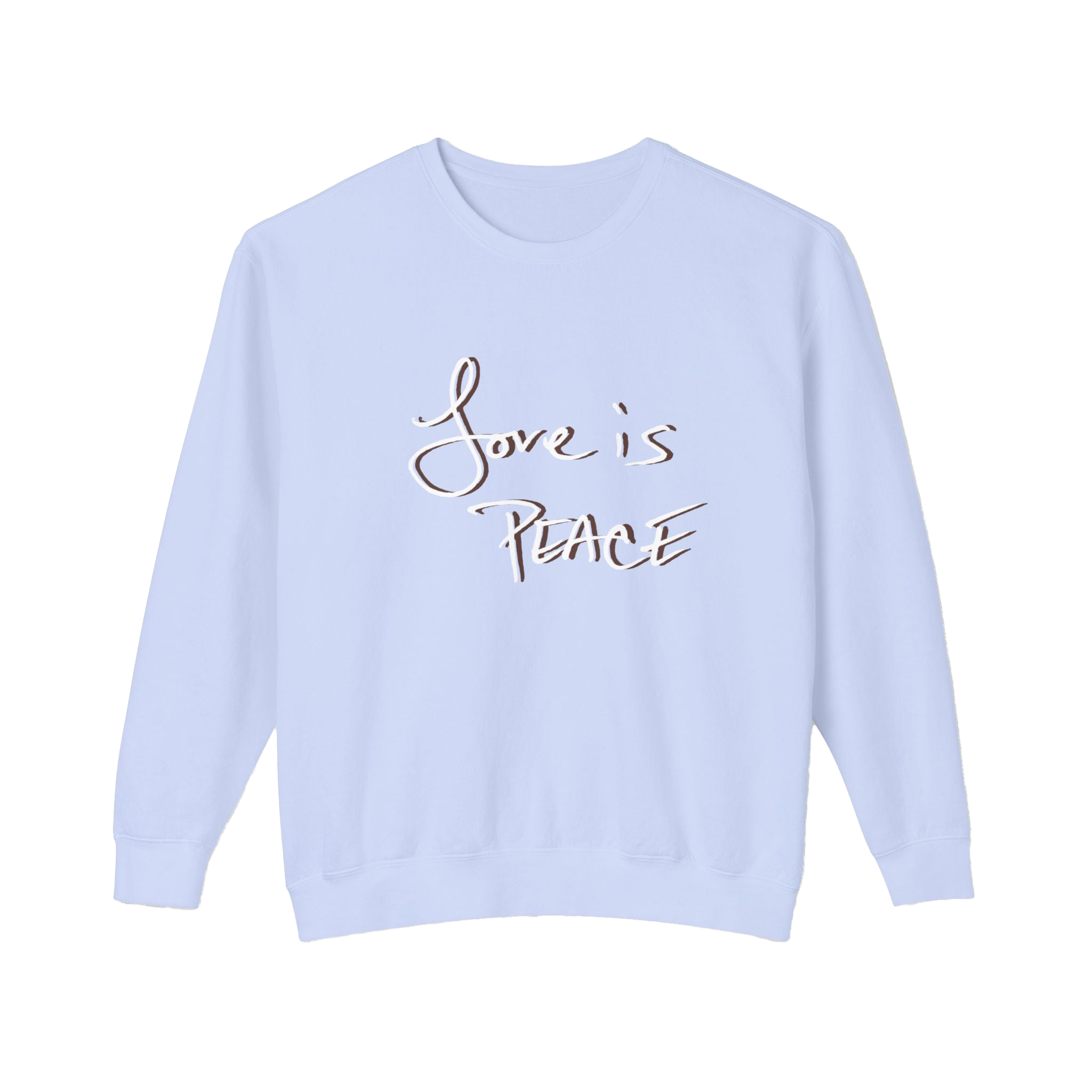 Hydrangea sweatshirt with 'Love is Peace' white chocolate shadow floating text 
