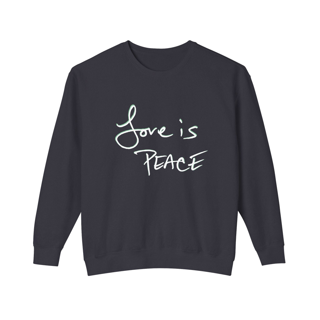 Black sweatshirt with 'Love is Peace' in white text  
