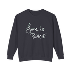Black sweatshirt with 'Love is Peace' in white text  
