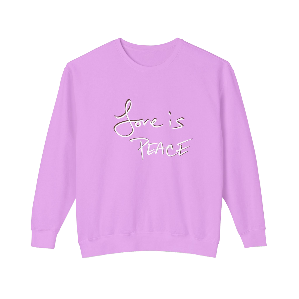 Neon violet sweatshirt with 'Love is Peace' chocolate shadowed white floating text 