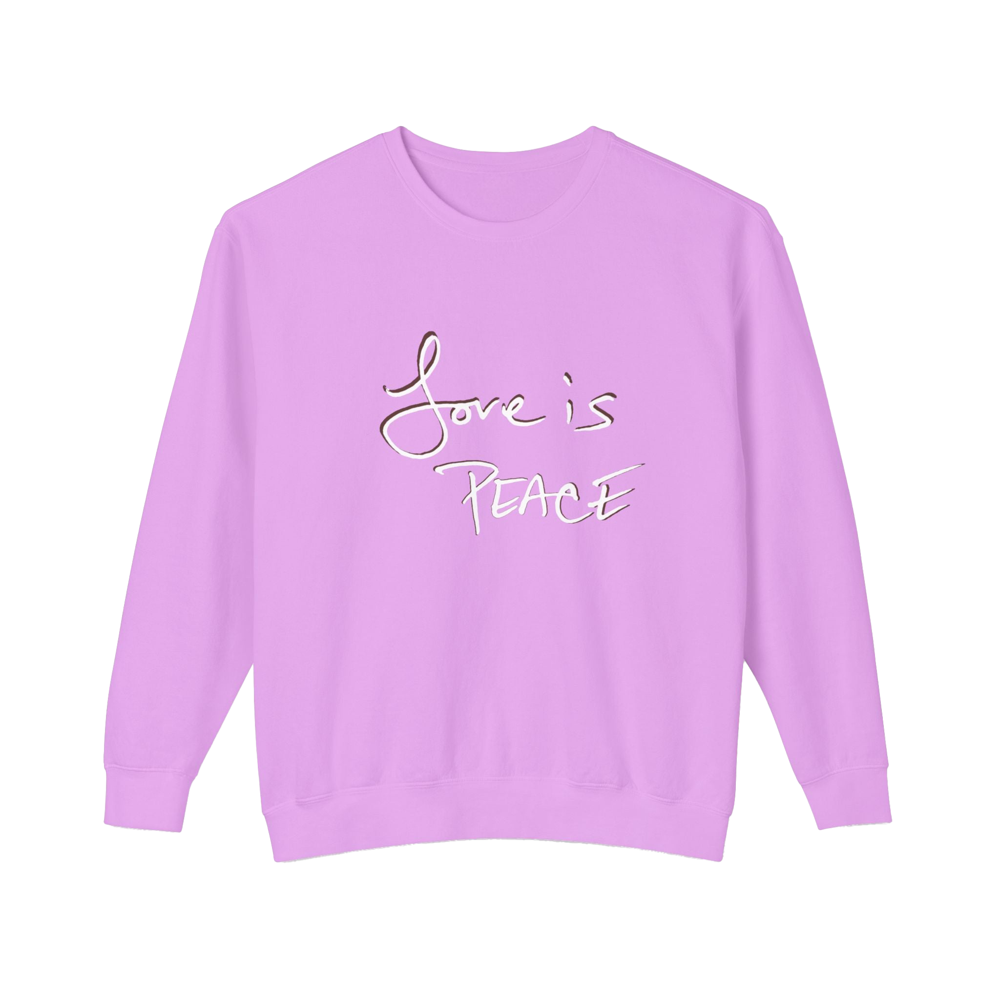 Neon violet sweatshirt with 'Love is Peace' chocolate shadowed white floating text 