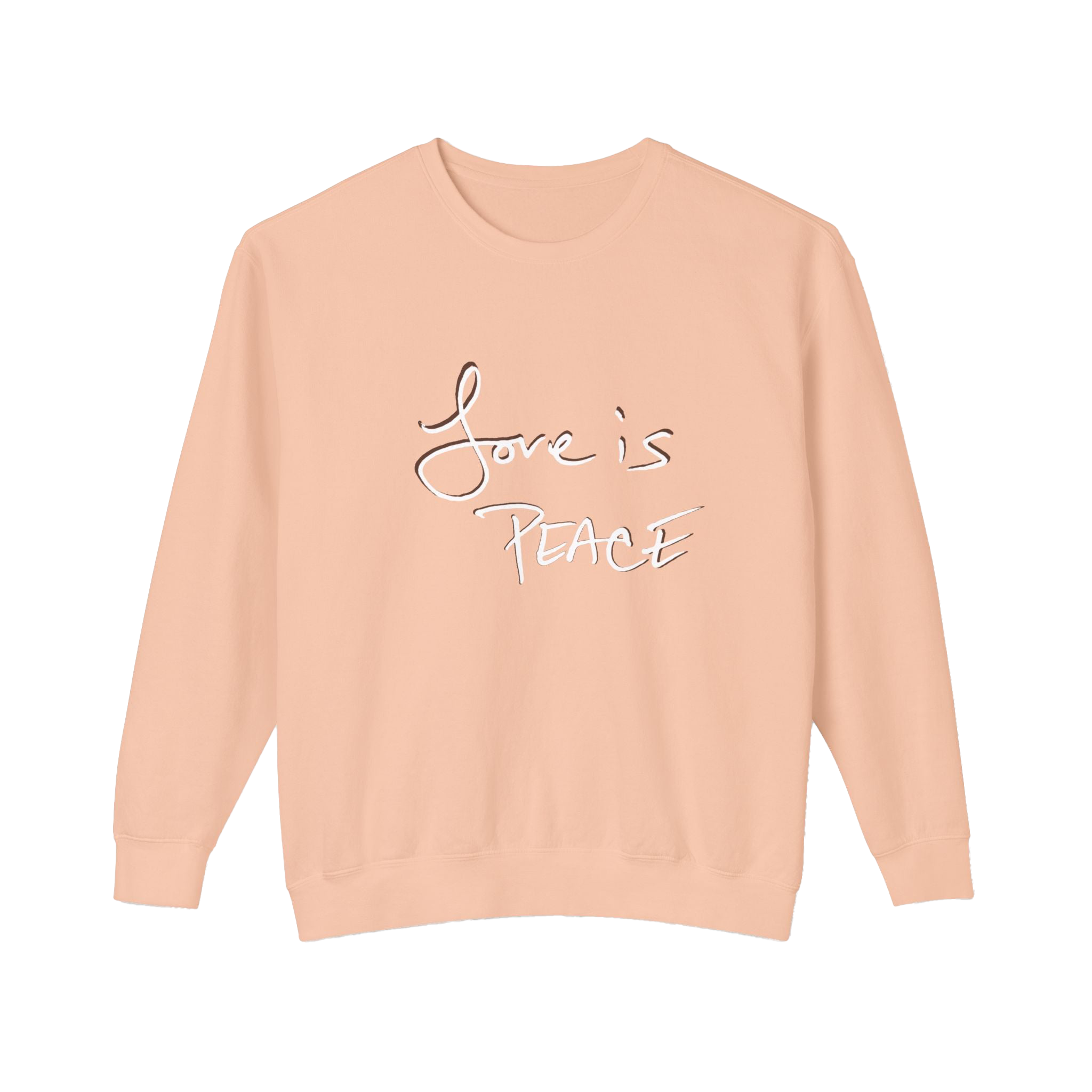 Peachy colored sweatshirt with 'Love is Peace' in white, chocolate shadowed text