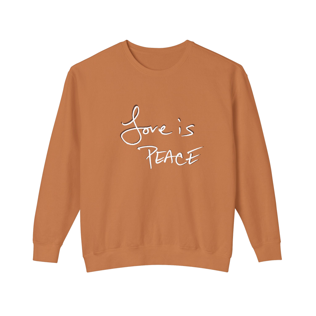 Yam colored sweatshirt with 'Love is Peace' in white, chocolate shadowed text  