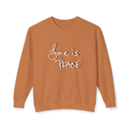 Yam colored sweatshirt with 'Love is Peace' in white, chocolate shadowed text

